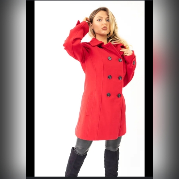 NWT Red Wool Coat xl Double Breasted Pea Coat - Picture 1 of 16